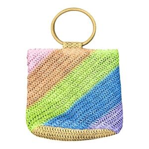 Summer Pastel Raffia Crochet Ring Handle Handbag  Beachbag Spring Break Beach